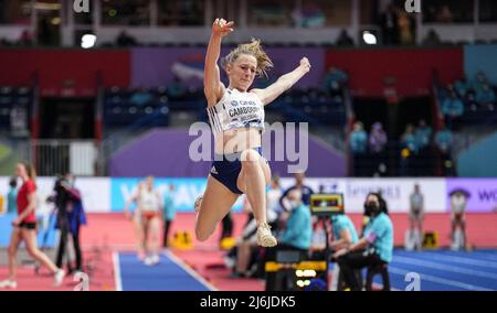 Leonie Cambours nimmt an den Hallenweltmeisterschaften in Belgrad 2022 im Hochsprung des Fünfkampfs Teil. Stockfoto