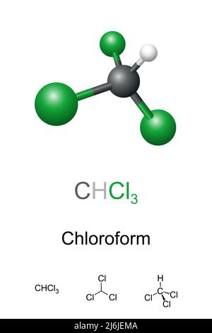Chloroform, Trichlormethan, Ball-and-Stick-Modell, molekulare und chemische Formel. CHCl3, starkes Narkose, beschimpstend, angstlösend, Beruhigungsmittel. Stockfoto