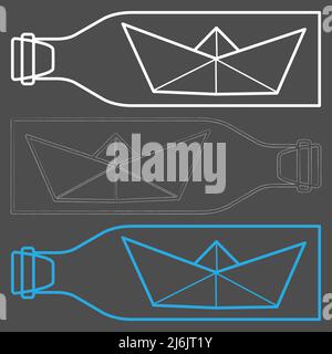 Satz von Vektorgrafiken von Papierbooten in Flaschen-Symbolen. Skizzieren Sie einfache Papierboot isoliert auf grauem Hintergrund. Symbol für Reisen und Meer. Stock Vektor