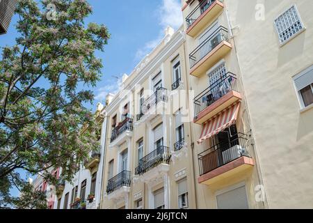Valencia, Barrio del Carmen, traditionelle Straßenfassaden Spanien Stockfoto