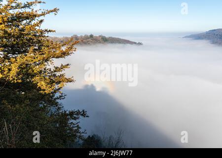 Der Fluss Wye, der aufgrund einer Temperaturinversion vom Standpunkt des Symonds Yat Rock, Herefordshire, England, vollständig vom Nebel verdeckt wurde Stockfoto