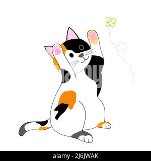 Eine spielende Calico Katze und fliegender gelber Schmetterling mit weißem Hintergrund Stockfoto