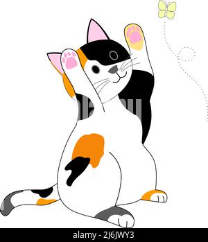 Eine spielende Calico Katze und fliegender gelber Schmetterling mit weißem Hintergrund Stockfoto