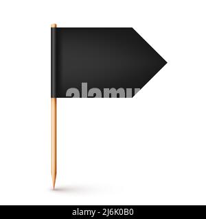 Realistischer Zahnstocher aus Holz mit schwarzer Papierfahne. Positionsmarke, Kartenzeiger. Unbeschriftete Modelle für Werbung und Werbeaktionen. Vektorgrafik Stock Vektor