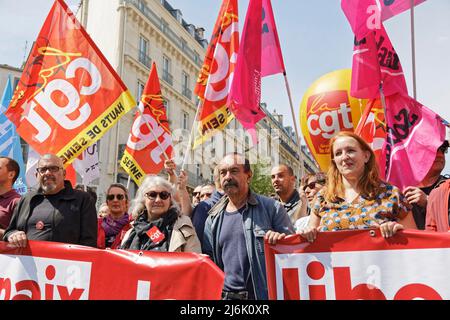 Philippe Martinez (CGT) nimmt an der Demonstration am 1. Mai 2022 in Paris, Frankreich, Teil. Stockfoto