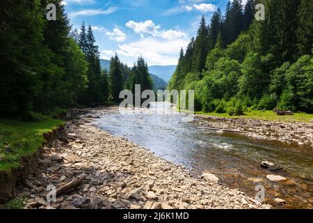 Landschaft mit Fluss durch das Tal. Bergige Landschaft im Sommer. Wasser fließen entlang der felsigen Küste. Sonniger Tag mit Wolken auf der Stockfoto