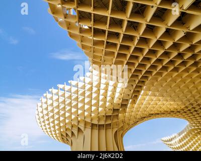 Detail der Holzstruktur des Metropol Sonnenschirms, auch bekannt als Las Setas (Pilze) - Sevilla, Spanien Stockfoto