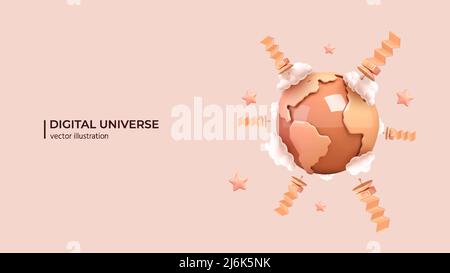 Satellit in der Erdumlaufbahn sendet ein Signal. Realistisches 3D Design von künstlichen Satelliten, die Internet-Service. Digital Universe Konzept im Cartoon-Minimal-Stil. Vektorgrafik Stock Vektor