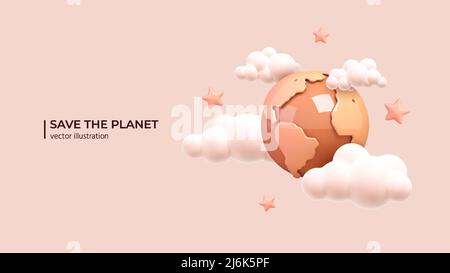 Realistischer 3D Planet mit Wolken und Sternen um ihn herum. Internationaler Tag Der Mutter Erde. Umweltprobleme und Umweltschutzkonzept im Cartoon-Minimal-Stil. Vektorgrafik Stock Vektor