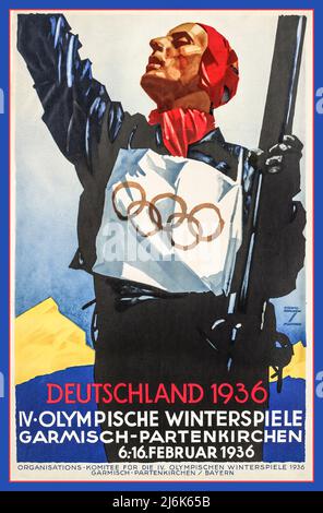 1936 PLAKAT DER OLYMPISCHEN WINTERSPIELE 1936 von Ludwig Hohlwein zu den Olympischen Winterspielen 1936, einem Winter-Multisport-Event, das vom 6. Bis 16. Februar 1936 in der Marktstadt Garmisch-Partenkirchen in Bayern, Nazi-Deutschland, stattfand. (DEUTSCHLAND 1936 / IV.OLYMPISCHE WINTERSPIELE GARMISCH-PARTENKIRCHEN 6.-16. FEBRUAR 1936“. Plakat von Ludwig Hohlwein, München; Organisations-Komitee für die IV. Olympische Winterspiele 1936 Reichsbahnzentrale für den Deutschen Reichsverkehr, Berlin;) Stockfoto