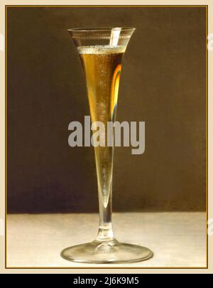 Vintage Champagner Glas Archivgemälde 1874 Öl auf Leinwand auf Karton von Künstler Emile Preyer montiert. Frisch gegossenes Glas Champagner mit Blasen auf schlichter Tischdecke. Stockfoto