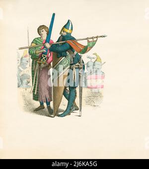 Squire and Knight, First Crusade, 11. Century, Illustration, The History of Costume, Braun & Schneider, München, Deutschland, 1861-1880 Stockfoto