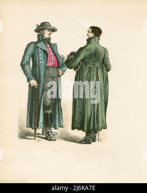Zwei Männer in deutscher Volkstracht, Starnberg und Umgebung, Ende 19.. Jahrhundert, Illustration, die Geschichte der Kostüme, Braun & Schneider, München, Deutschland, 1861-1880 Stockfoto
