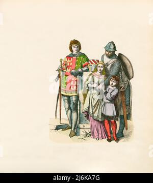 Deutscher Ritter und Familie, 13. Jahrhundert, Illustration, die Geschichte der Kostüme, Braun & Schneider, München, Deutschland, 1861-1880 Stockfoto