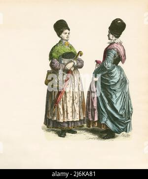 Zwei Frauen in deutscher Volkstracht, Starnberg und Umgebung, Ende 19.. Jahrhundert, Illustration, die Geschichte der Kostüme, Braun & Schneider, München, Deutschland, 1861-1880 Stockfoto