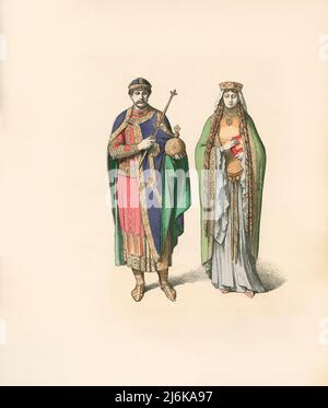 Frankish King and Queen, 11. Century, Illustration, The History of Costume, Braun & Schneider, München, Deutschland, 1861-1880 Stockfoto