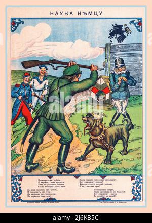 Vintage Russisches Propaganda-Poster 1914. 'Наука Немцу' (die Deutschen eine Lektion).(c1914). Propagandaplakat im typischen Lubok-Stil. Ein russischer Soldat schlägt einen Wachhund mit den Gesichtszügen des deutschen Kaiser Wilhelm II., der österreichische Kaiser Franz Josef zittert vor Angst im Hintergrund. Britische und französische Soldaten lachen hinterher. WW1 erster Weltkrieg der große Krieg Stockfoto