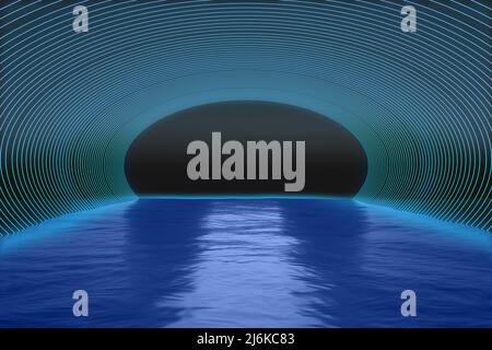 Korridor aus blauen Neon-Ellipsen über dem Wasser. 3D Rendern Stockfoto