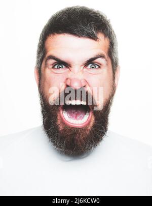 Verärgerter wütender Mann. Scream stressigen Gesichtsausdruck. Aggressiver Mann. Nachdenklich schön fashioned bärtigen Hipster. Guy Portrait sehen brutal aus. Frustration Stockfoto