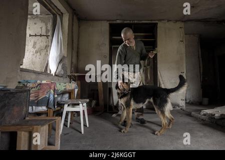 Charkiw, Ukraine. 02.. Mai 2022. Sasha Zolotov, 55, früher im Militär, hängt am Montag, den 2. Mai 2022, mit seinem deutschen Schäferhund „Krokodilhund“ in seiner alten Wohnung nahe der russischen Grenze in Charkiw, Ukraine. Zolotows Wohnung wurde zweimal getroffen, nur wenige Wochen auseinander. Die Wohnung brannte ab und alles, was er übrig hatte, waren die Kleidung, die er trug, und sein Reisepass. Zolotov lebt jetzt im Keller gedreht Bombenschutz. Foto von Ken Cedeno/UPI Credit: UPI/Alamy Live News Stockfoto