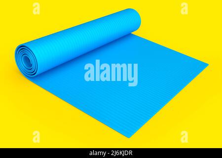 Blaue Yogamatte oder leichte Schaumstoff-Campingbett-Rollauflage isoliert auf gelbem Hintergrund. 3d-Rendering von Sportgeräten für Fitness, Yoga und Active Wor Stockfoto
