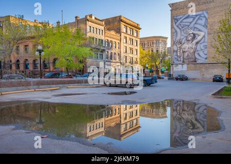 Alte Fassaden in der Innenstadt von Winnipeg, Manitoba, Kanada. Stockfoto