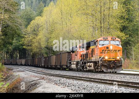 Skykomish, WA, USA - 26. April 2022; leerer BNSF-Kohlezug steigt ostwärts in die Cascade Mountains des Staates Washington Stockfoto