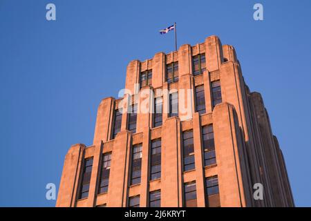 Aldred-Gebäude bei Sonnenaufgang, Old Montreal, Quebec, Kanada Stockfoto