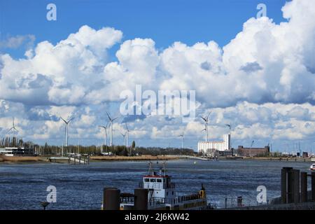 Windturbinen gegen den bewölkten Himmel in Antwerpen Stockfoto