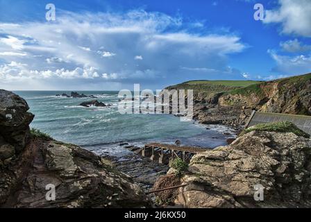 Blick auf die alte Lifeboat Station, Lizard, Cornwall, England Stockfoto