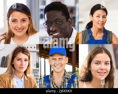 Collage aus Porträts von positiven Menschen verschiedener Berufe Stockfoto