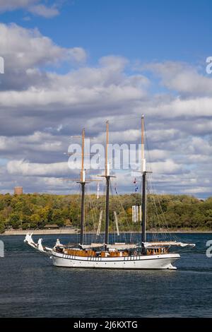 Hochschiff auf dem Saint-Lawrence-Fluss im Herbst, Montreal, Quebec, Kanada. Stockfoto