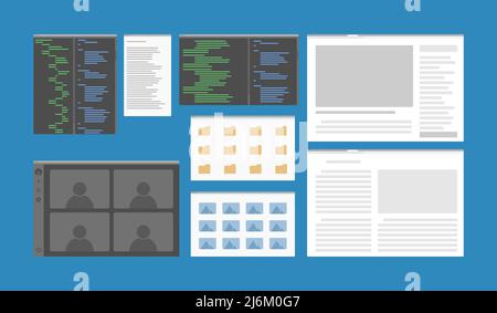 Desktop-App-Fenster Set Programmierung Browser Video Konferenz Ordner Vektor flache Illustration Stock Vektor