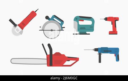 Kreissägeschrauber für Elektrowerkzeuge, gebohrt, mit Farbsymbolen, Vektorgrafik flach Stock Vektor