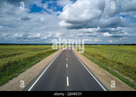 Luftaufnahme einer leeren Intercity-Straße zwischen grünen landwirtschaftlichen Feldern. Draufsicht von der Drohne der Autobahn Stockfoto