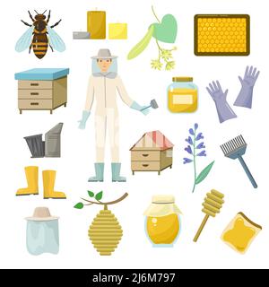 Vektor-Set von Imkerei und Imkerei Design-Elemente. Bienenwachs und Honig Clip Art. Beekeeper Mann Cartoon Illustration. Stock Vektor
