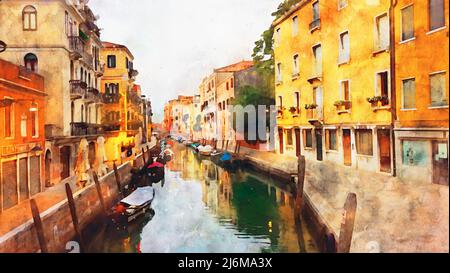 Aquarell, Venedig Straße, Kanal, Gondeln. Straßen alte europäische Stadt. Kunstpostkarte Ansichten Venedig Italien Stockfoto