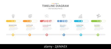 Infografik-Vorlage für Unternehmen. 6 Schritte modernes Timeline-Diagramm mit Fortschrittsbalken, Präsentationsvektor-Infografik. Stock Vektor