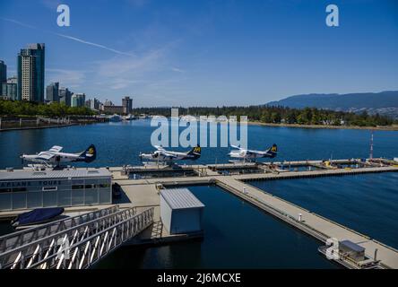 Vancouver, British Colambia - 16.08.2021 - Downtown Wasserflugzeug Flughafen. Drei Flugzeuge bleiben im Wasser. Stanley Naturpark Hintergrund. Stockfoto