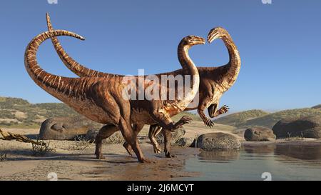 Plateosaurus-Paar, Dinosaurier aus der späten Trias, die am Strand spazieren Stockfoto