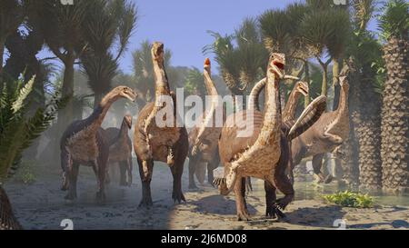 Plateosaurus-Herde, Dinosaurier aus der späten Trias, die in einem Baumfarnwald spazieren Stockfoto