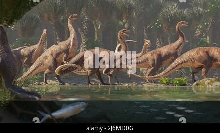 Plateosaurus Herde, Dinosaurier aus der späten Trias Epoche zu Fuß entlang eines Flusses ( Stockfoto
