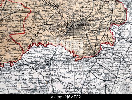 Detail aus einer Karte der Grafschaft Palatin von Lancaster aus dem Jahr 1868, also Lancashire, wie es damals war, aus der Ordnance Survey von J. Bartholomew F.R.G.S.; dieser Abschnitt zeigt Manchester im Norden, einschließlich Blackley, Didsbury, Gorton, Leigh, Clifton, Denton, Ashton unter Lyne (alle damals in Lancashire), mit Chashire im Süden, einschließlich Altrincham, Stockport, Lymm, Cheadle, Stockfoto