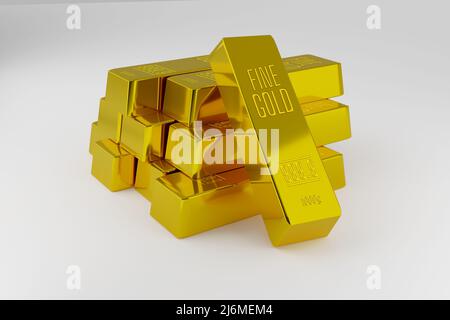 Gestapelte Goldbarren aus Metall isoliert auf Weiß - 3D Abbildung Stockfoto