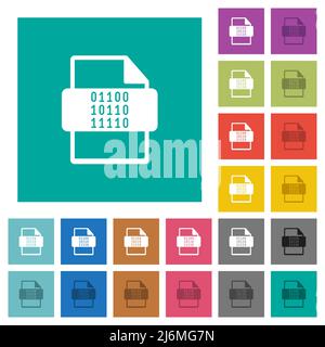 Mehrfarbige flache Symbole mit binärem Dateityp auf einfachen quadratischen Hintergründen. Weiße und dunklere Symbolvarianten für schwebe- oder aktive Effekte. Stock Vektor