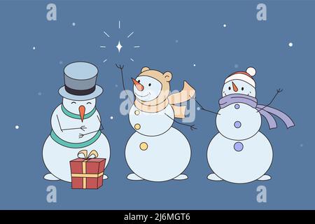 Diverse glückliche Schneemänner in Mützen und Tüchern gratulieren zu den Neujahrsferien. Lächelnde Schneemänner für die Winterfeier. Konzept „Frohe Weihnachten“. Flache Vektorgrafik. Stock Vektor
