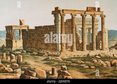 Griechenland, Athen. Gesamtansicht des Erechteion. Das Pandroseion (links vom Bild) und Minerva Poliade (rechts). Chromolithographie. „Viaje a Oriente“, 1884. Stockfoto