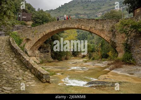 Zugangsbrücke zum Heiligtum Sant Miquel del Fai und zu den Wasserfällen im Herbst (Barcelona, Katalonien, Spanien) ESP: Puente de Acceso a Sant Miquel del Fai, BCN Stockfoto