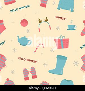 Schöne Winterkleidung Set, tolles Design für jeden Zweck. Flache Vektorgrafik. Nahtloses Muster. Stock Vektor