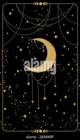 Tarot-Karte mit Halbmond und Sternen. Zauberkarte, Boho-Stil Design, Gravur, Hexendeckel. Goldene mystische Handzeichnung auf einem schwarzen kosmischen Backgro Stock Vektor